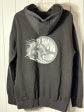 Snow Club Mens L Black Hoodie Retro Ski Skier Graphic Apres Ski Streetwear